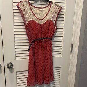 Red Camel Red and White Floral Lace Mini Dress